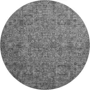 Photo of 8' Charcoal And Silver Floral Washable Round Rug With UV Protection
