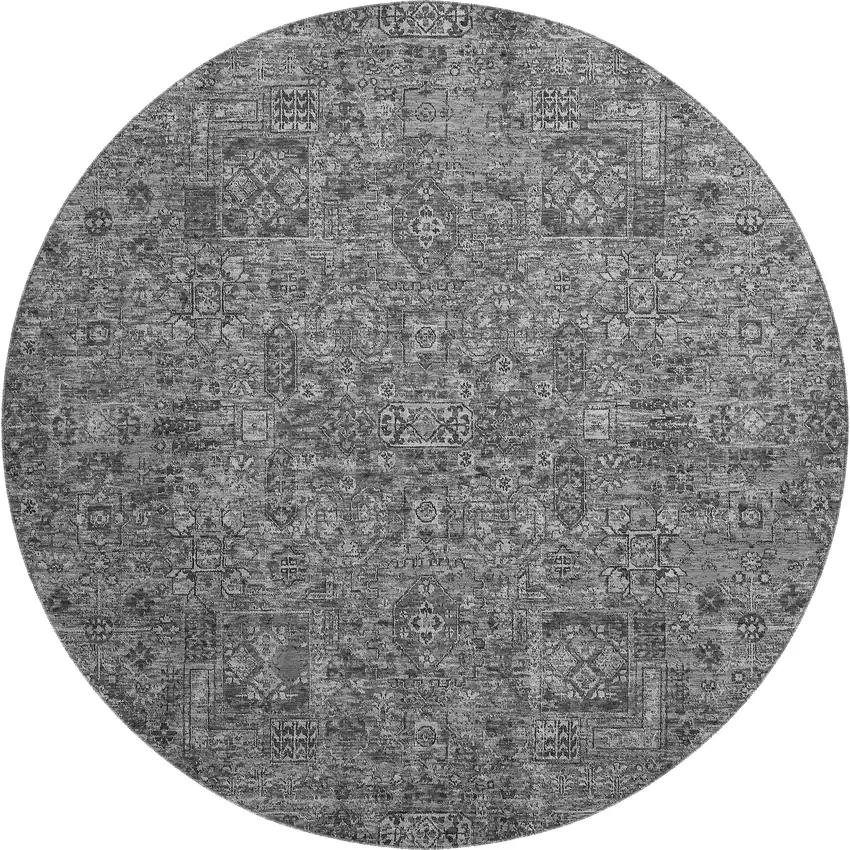 8' Charcoal And Silver Floral Washable Round Rug With UV Protection Photo 1