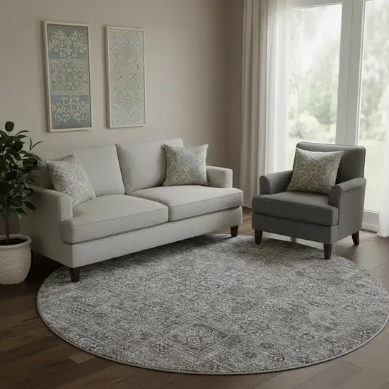 8' Charcoal And Silver Floral Washable Round Rug With UV Protection Photo 1
