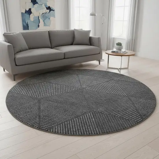 8' Charcoal And Silver Geometric Washable Round Rug With UV Protection Photo 2