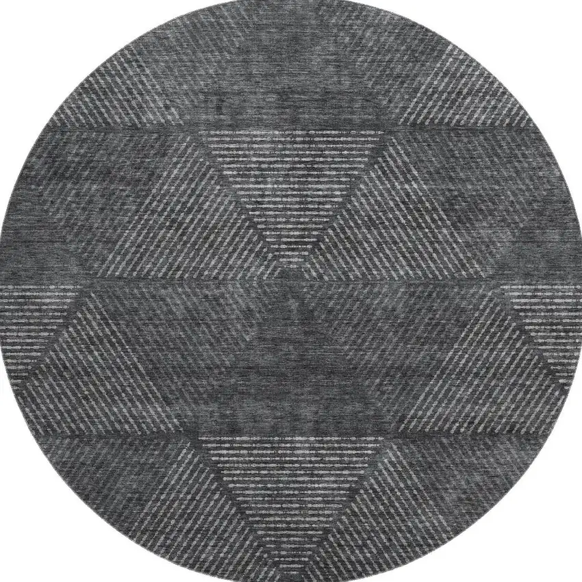 8' Charcoal And Silver Geometric Washable Round Rug With UV Protection Photo 4