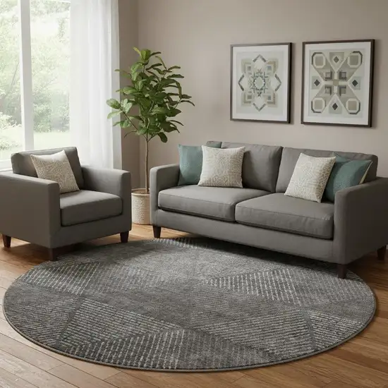 8' Charcoal And Silver Geometric Washable Round Rug With UV Protection Photo 1