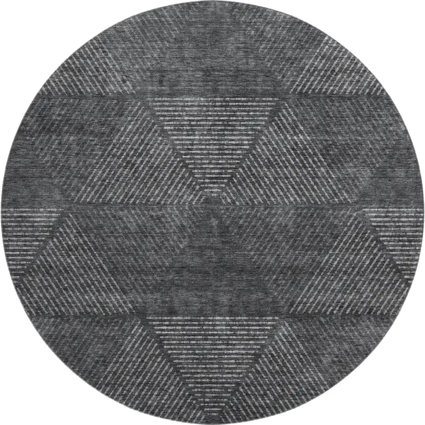 8' Charcoal And Silver Geometric Washable Round Rug With UV Protection Photo 1