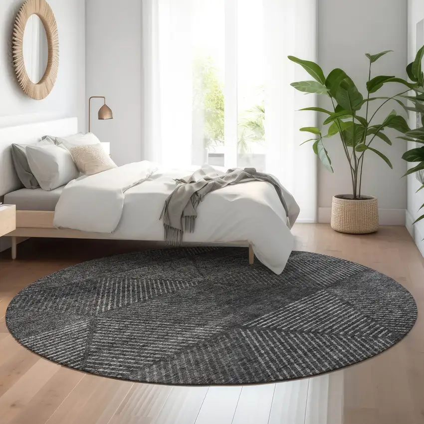 8' Charcoal And Silver Geometric Washable Round Rug With UV Protection Photo 5