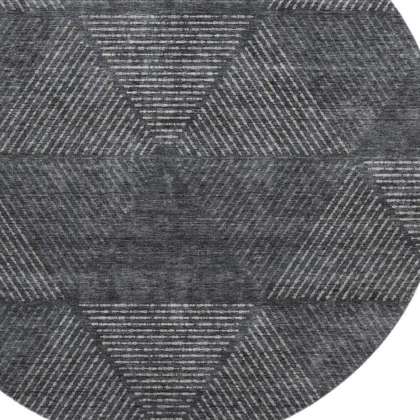 8' Charcoal And Silver Geometric Washable Round Rug With UV Protection Photo 3