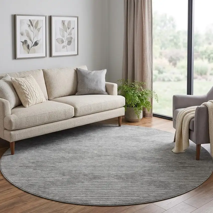 8' Charcoal And Silver Geometric Washable Round Rug With UV Protection Photo 1
