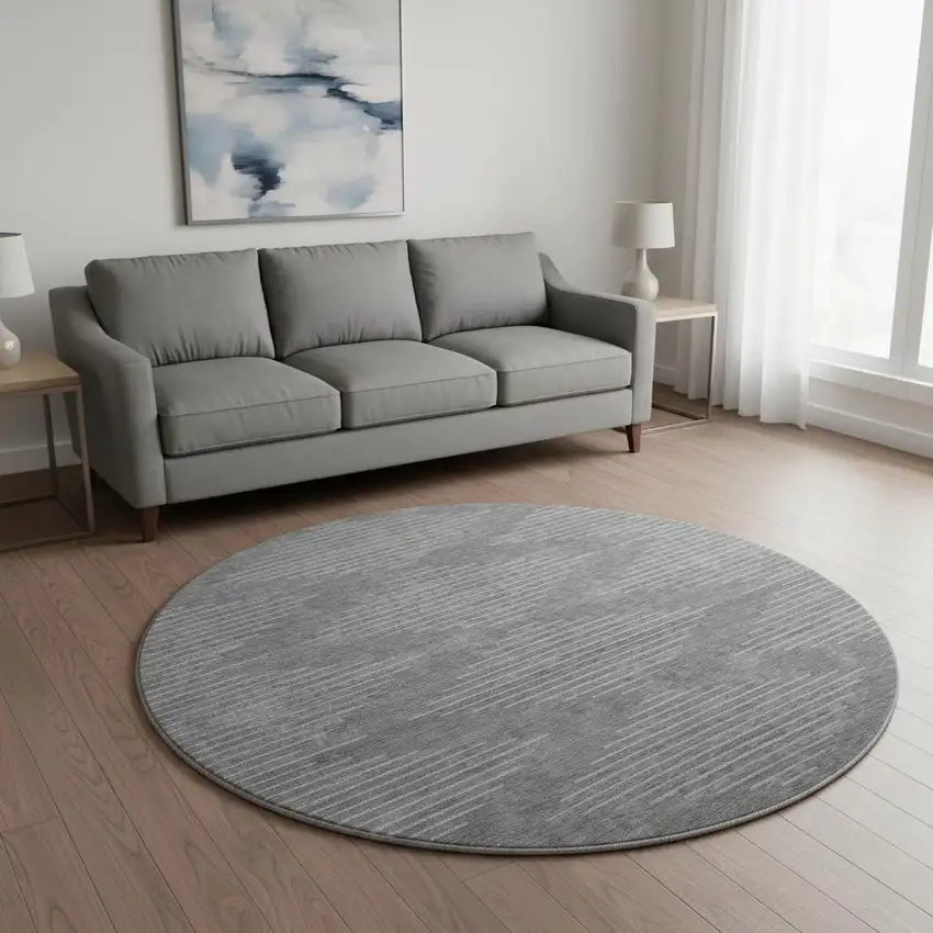8' Charcoal And Silver Geometric Washable Round Rug With UV Protection Photo 2