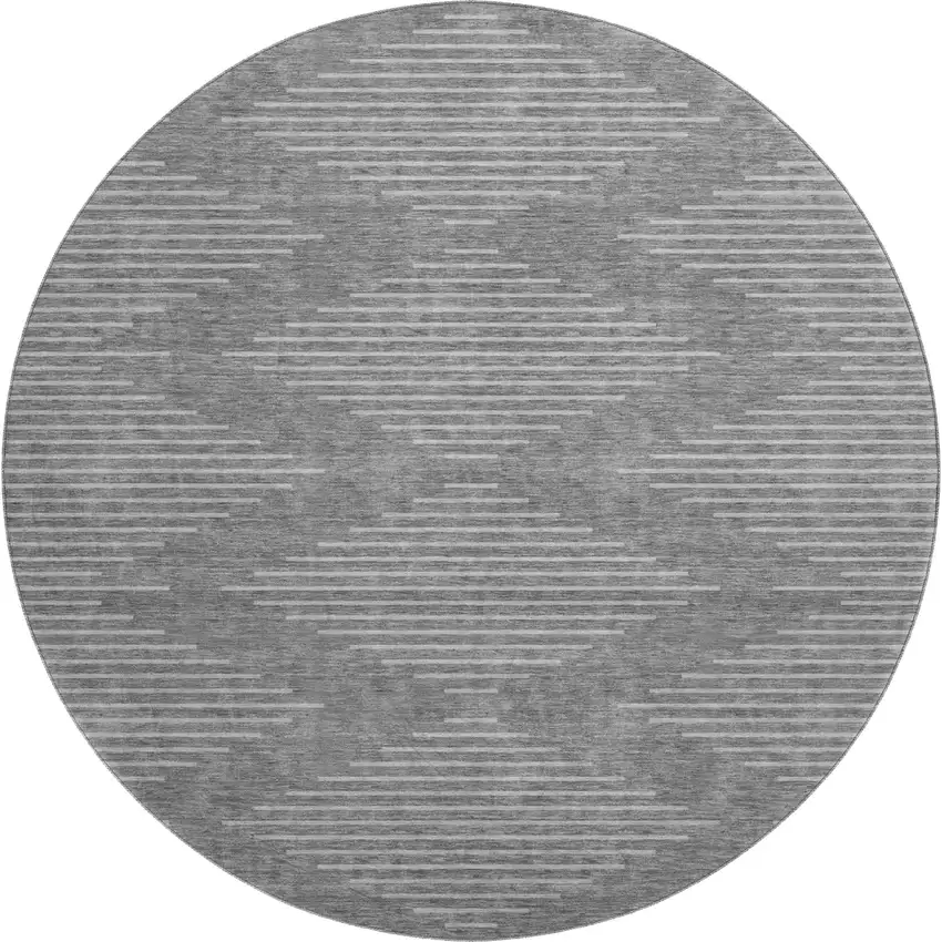 8' Charcoal And Silver Geometric Washable Round Rug With UV Protection Photo 1
