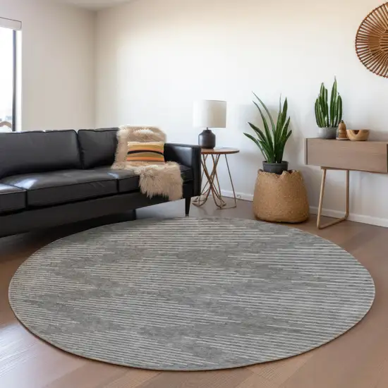 8' Charcoal And Silver Geometric Washable Round Rug With UV Protection Photo 5