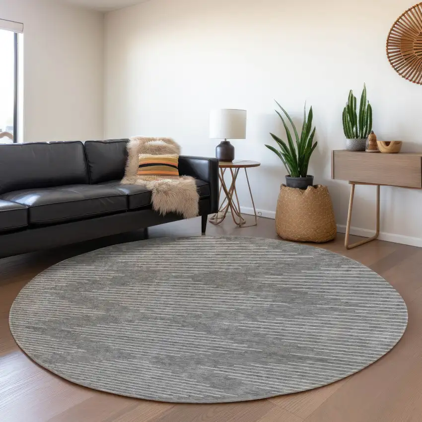 8' Charcoal And Silver Geometric Washable Round Rug With UV Protection Photo 5