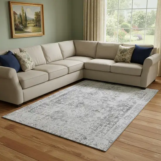 8' Charcoal And Silver Oriental Washable Area Rug With UV Protection Photo 2