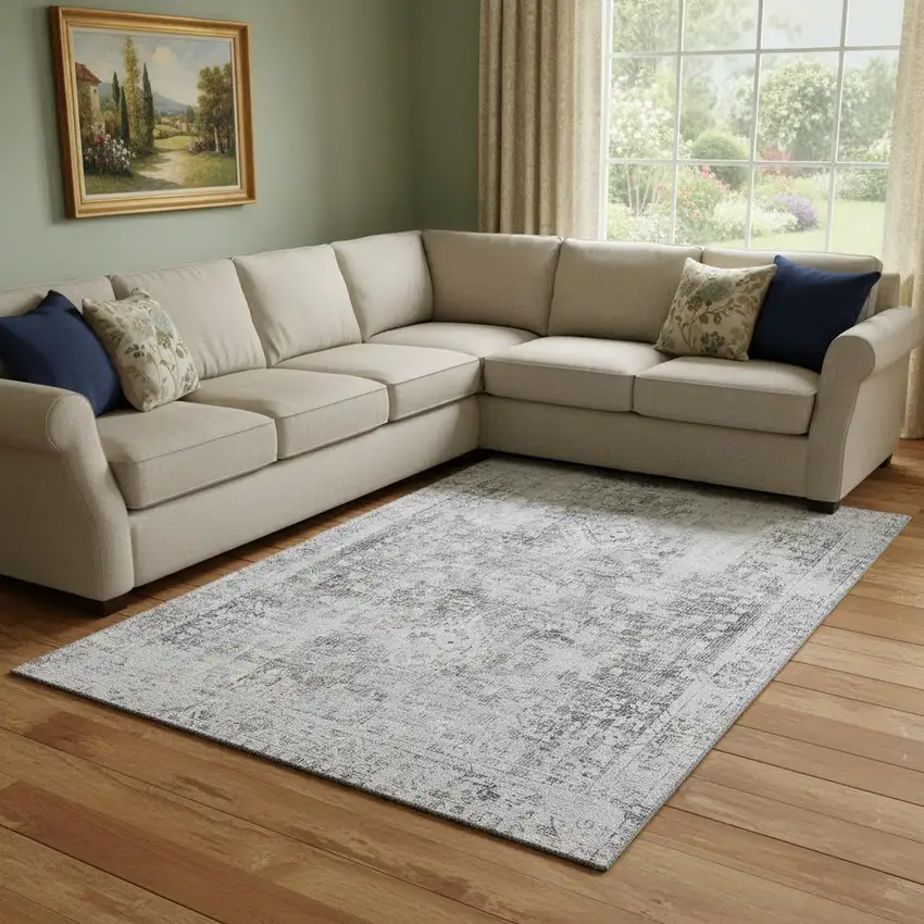 8' Charcoal And Silver Oriental Washable Area Rug With UV Protection Photo 2