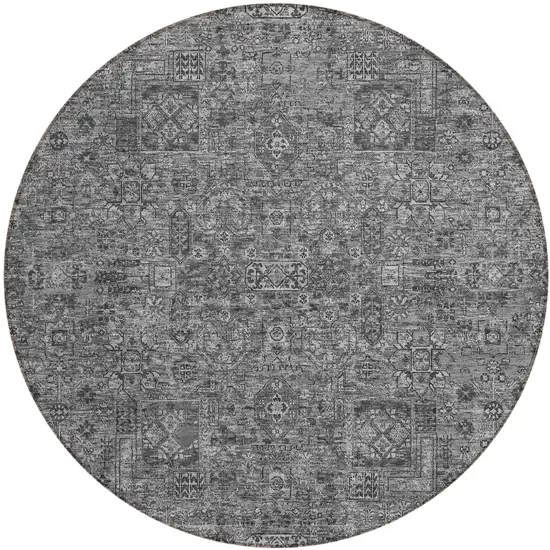 8' Charcoal And Silver Round Floral Washable Indoor Outdoor Area Rug Photo 2