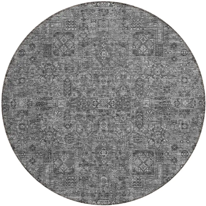 8' Charcoal And Silver Round Floral Washable Indoor Outdoor Area Rug Photo 2