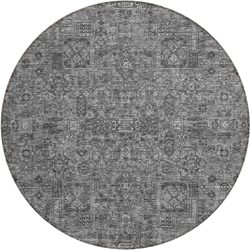 8' Charcoal And Silver Round Floral Washable Indoor Outdoor Area Rug Photo 2
