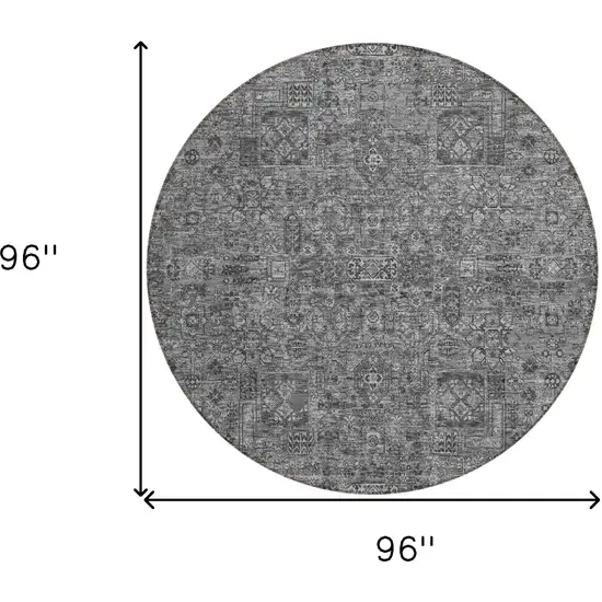 8' Charcoal And Silver Round Floral Washable Indoor Outdoor Area Rug Photo 3
