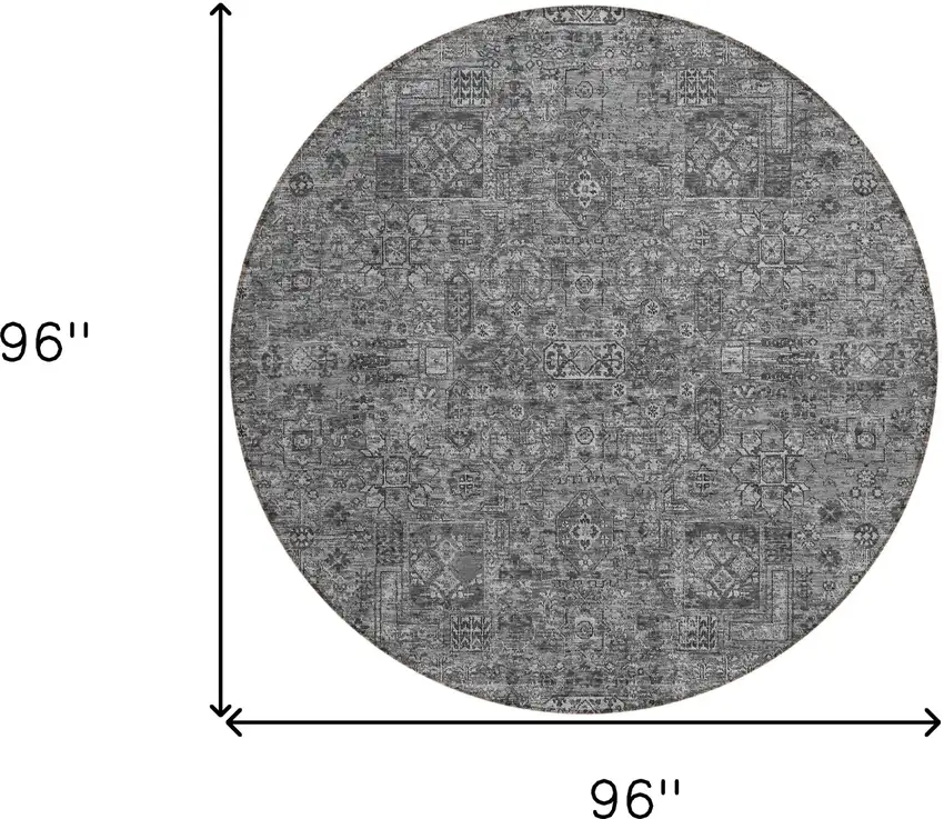 8' Charcoal And Silver Round Floral Washable Indoor Outdoor Area Rug Photo 3
