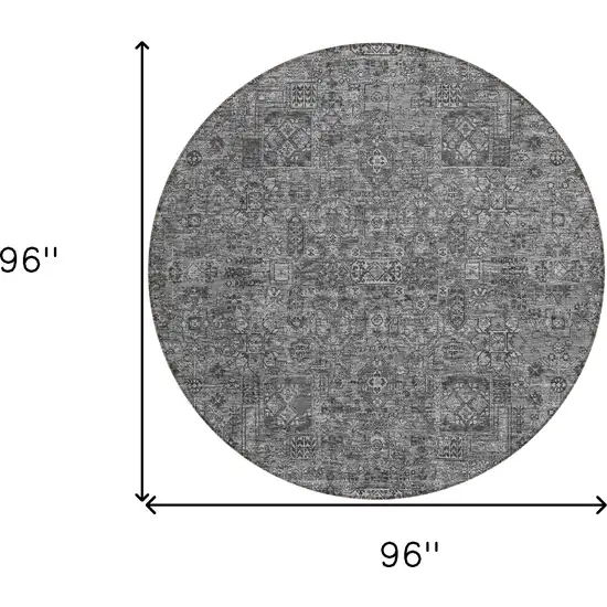 8' Charcoal And Silver Round Floral Washable Indoor Outdoor Area Rug Photo 3