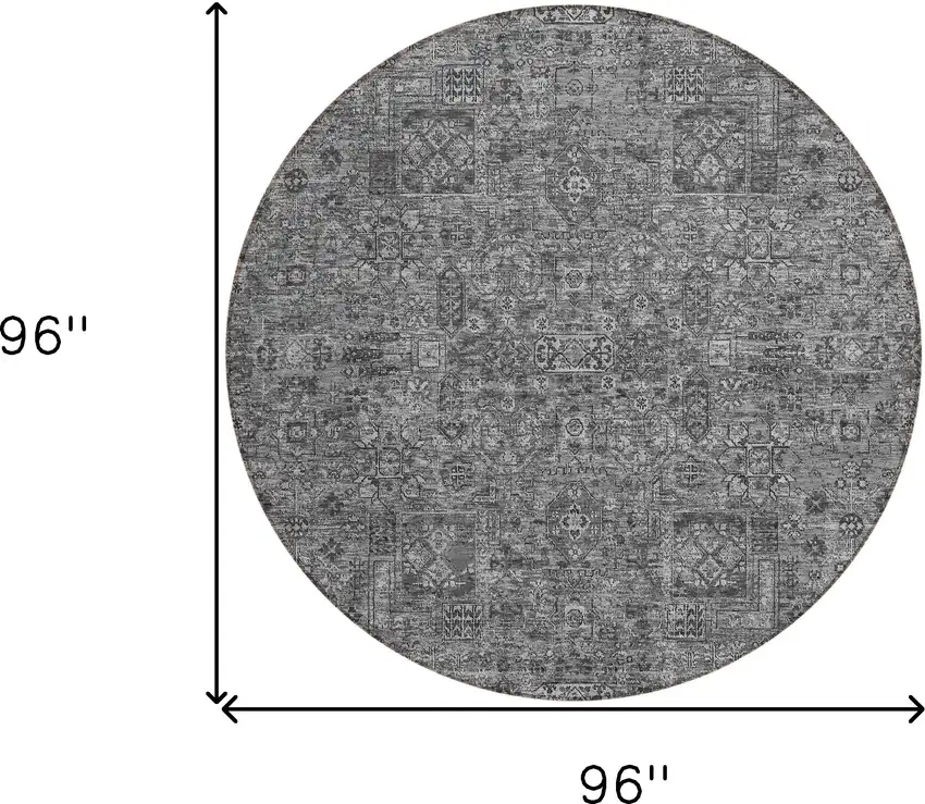8' Charcoal And Silver Round Floral Washable Indoor Outdoor Area Rug Photo 3
