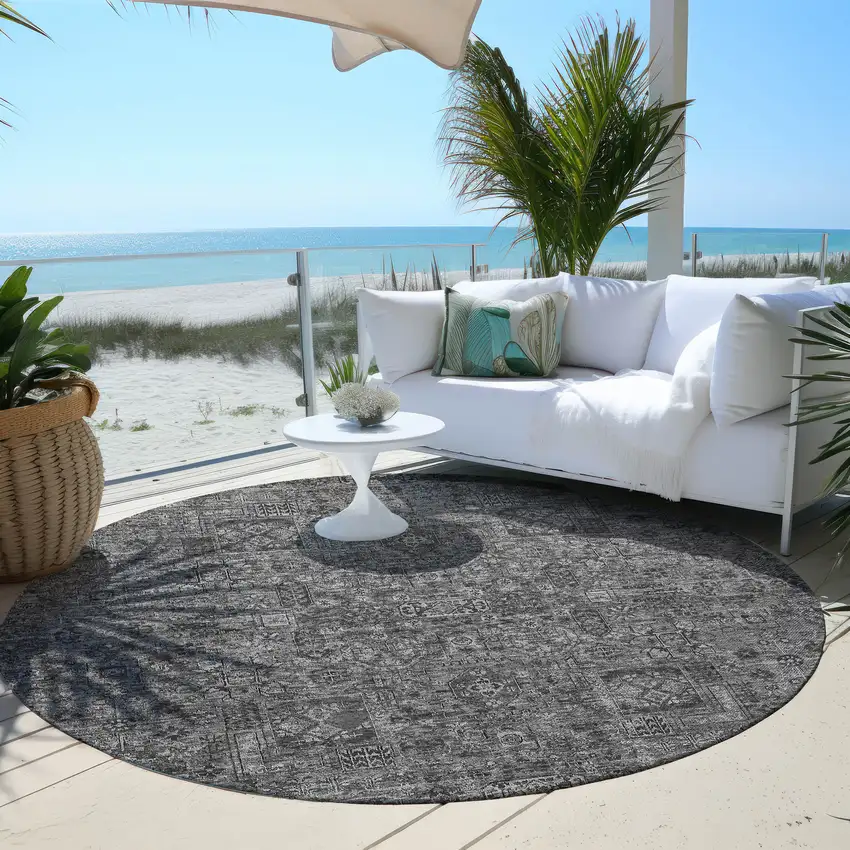 8' Charcoal And Silver Round Floral Washable Indoor Outdoor Area Rug Photo 6