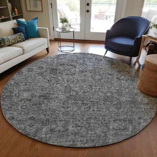 8' Charcoal And Silver Round Floral Washable Indoor Outdoor Area Rug Photo 7