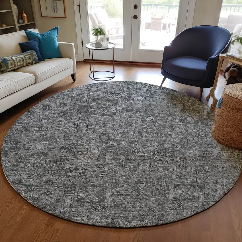 8' Charcoal And Silver Round Floral Washable Indoor Outdoor Area Rug Photo 7