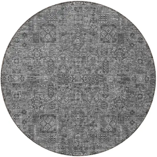 8' Charcoal And Silver Round Floral Washable Indoor Outdoor Area Rug Photo 5