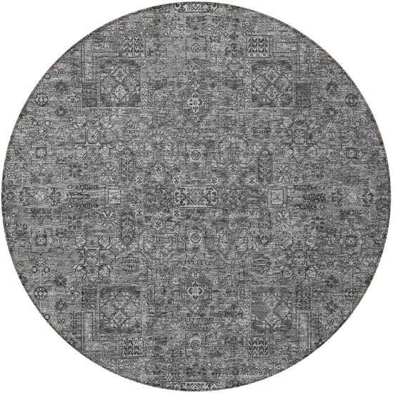 8' Charcoal And Silver Round Floral Washable Indoor Outdoor Area Rug Photo 5