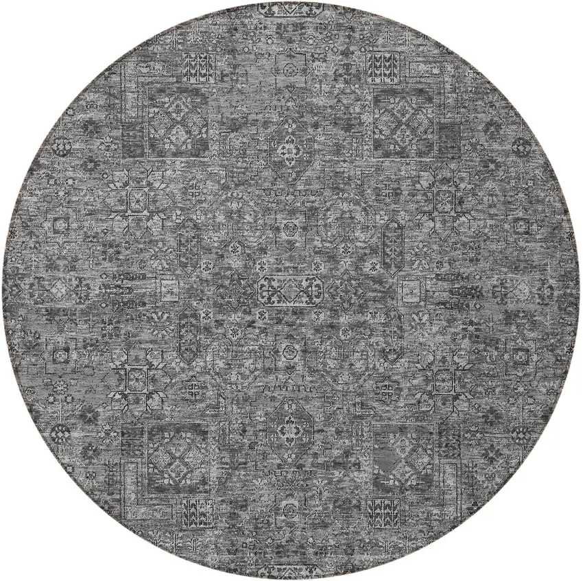 8' Charcoal And Silver Round Floral Washable Indoor Outdoor Area Rug Photo 5