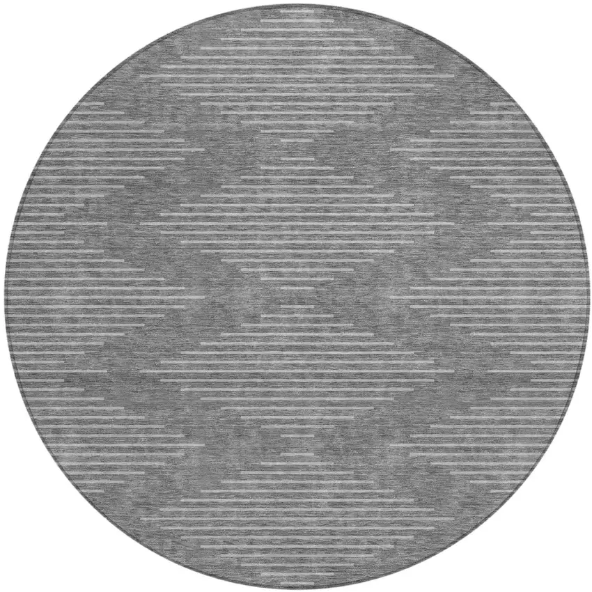 8' Charcoal And Silver Round Geometric Washable Indoor Outdoor Area Rug Photo 2