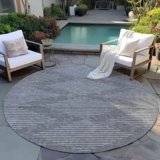 8' Charcoal And Silver Round Geometric Washable Indoor Outdoor Area Rug Photo 6