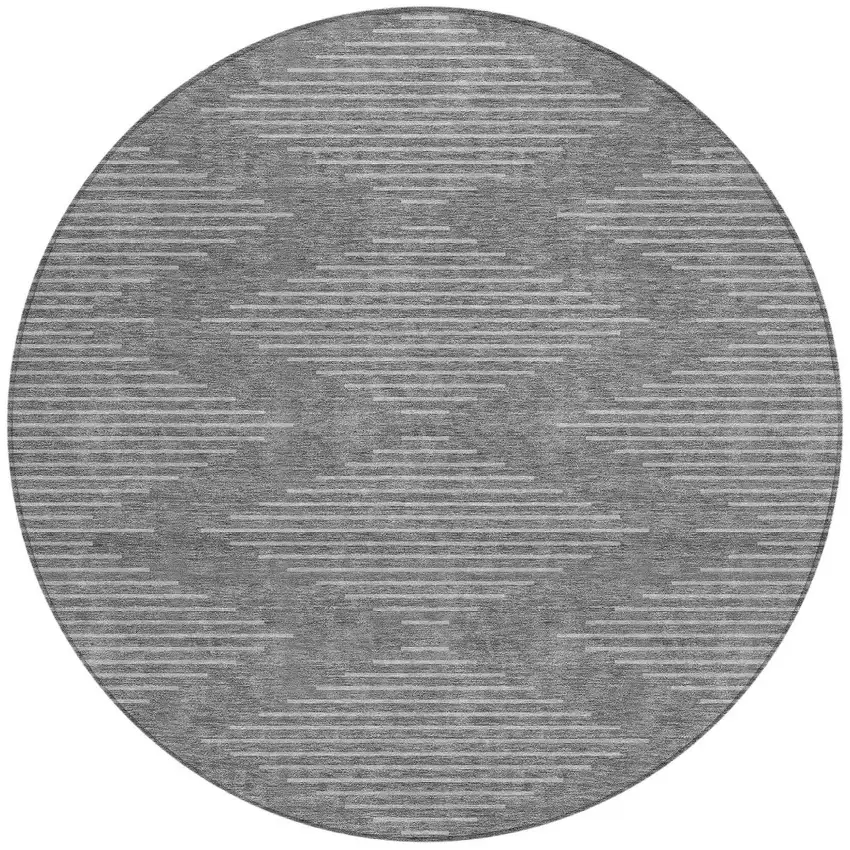 8' Charcoal And Silver Round Geometric Washable Indoor Outdoor Area Rug Photo 4