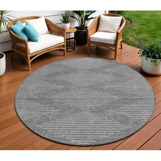 8' Charcoal And Silver Round Geometric Washable Indoor Outdoor Area Rug Photo 1