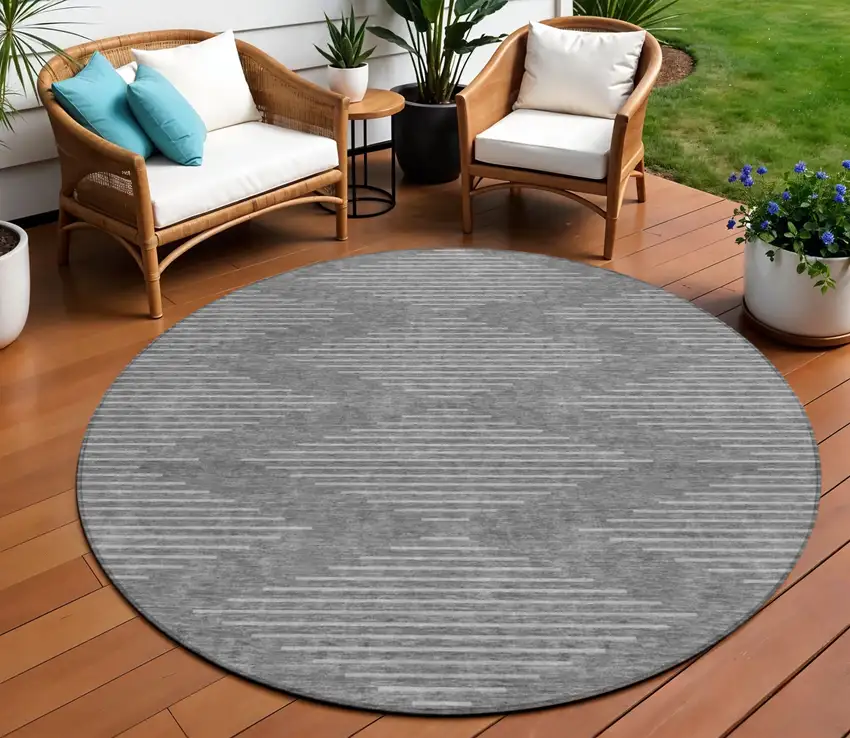 8' Charcoal And Silver Round Geometric Washable Indoor Outdoor Area Rug Photo 1
