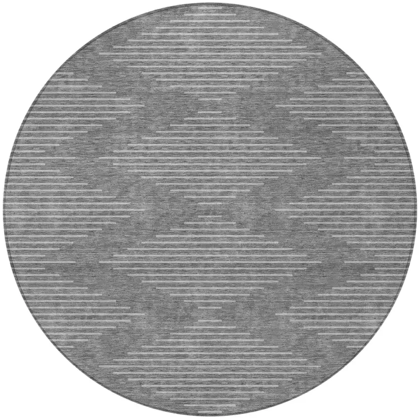 8' Charcoal And Silver Round Geometric Washable Indoor Outdoor Area Rug Photo 5