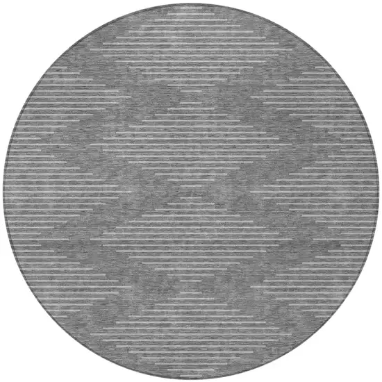 8' Charcoal And Silver Round Geometric Washable Indoor Outdoor Area Rug Photo 5