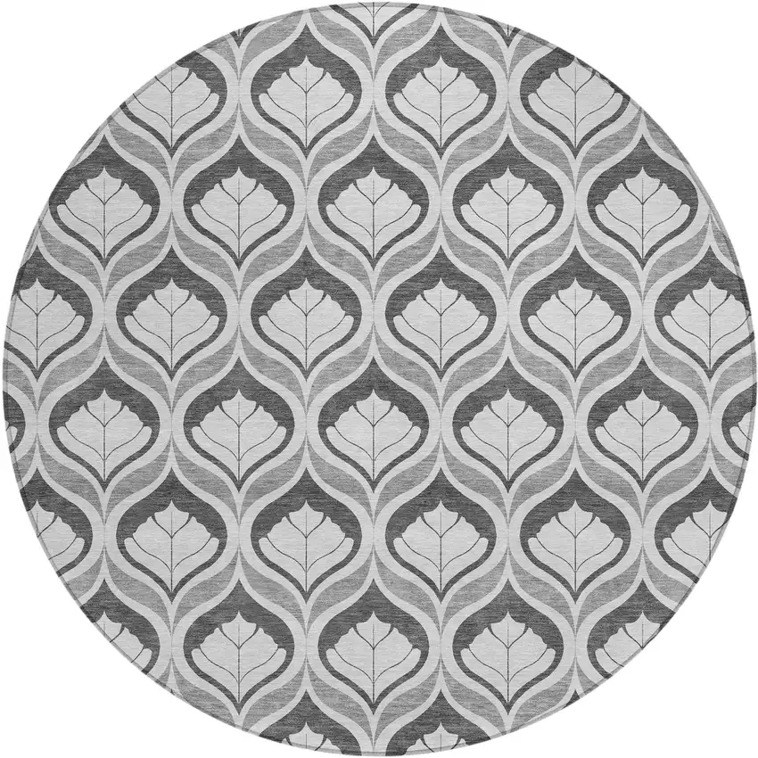 8' Charcoal And Silver Round Geometric Washable Indoor Outdoor Area Rug Photo 1