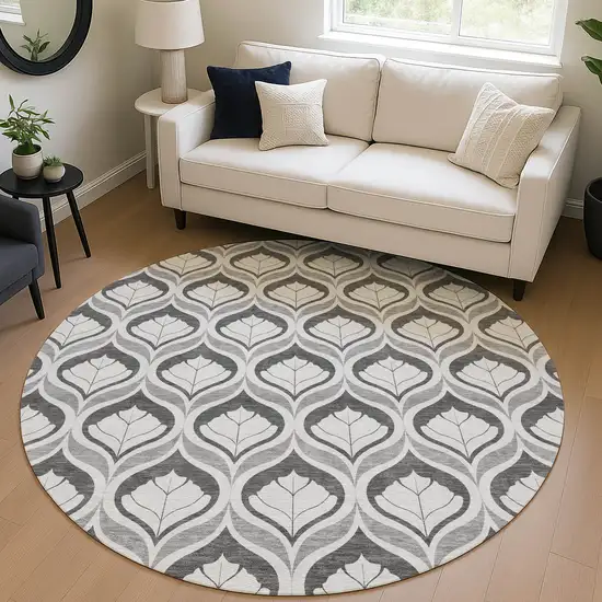 8' Charcoal And Silver Round Geometric Washable Indoor Outdoor Area Rug Photo 5