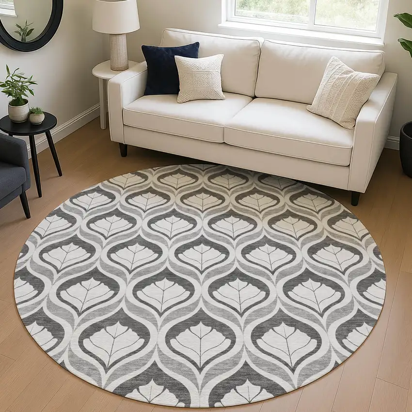 8' Charcoal And Silver Round Geometric Washable Indoor Outdoor Area Rug Photo 5