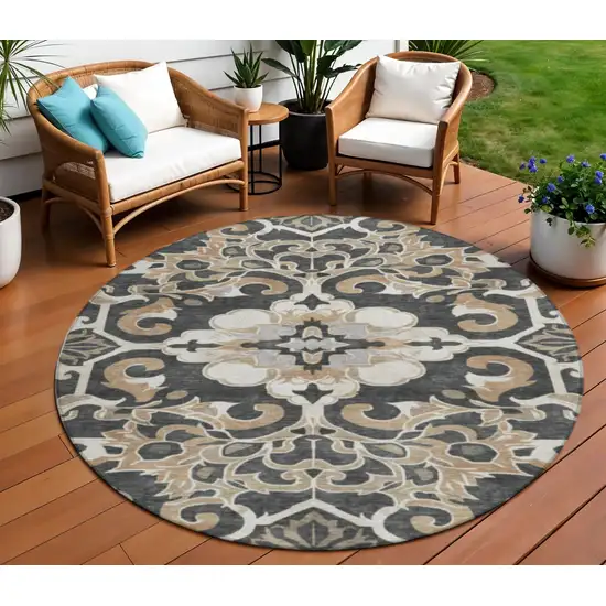 8' Charcoal And Taupe Round Damask Washable Indoor Outdoor Area Rug Photo 2