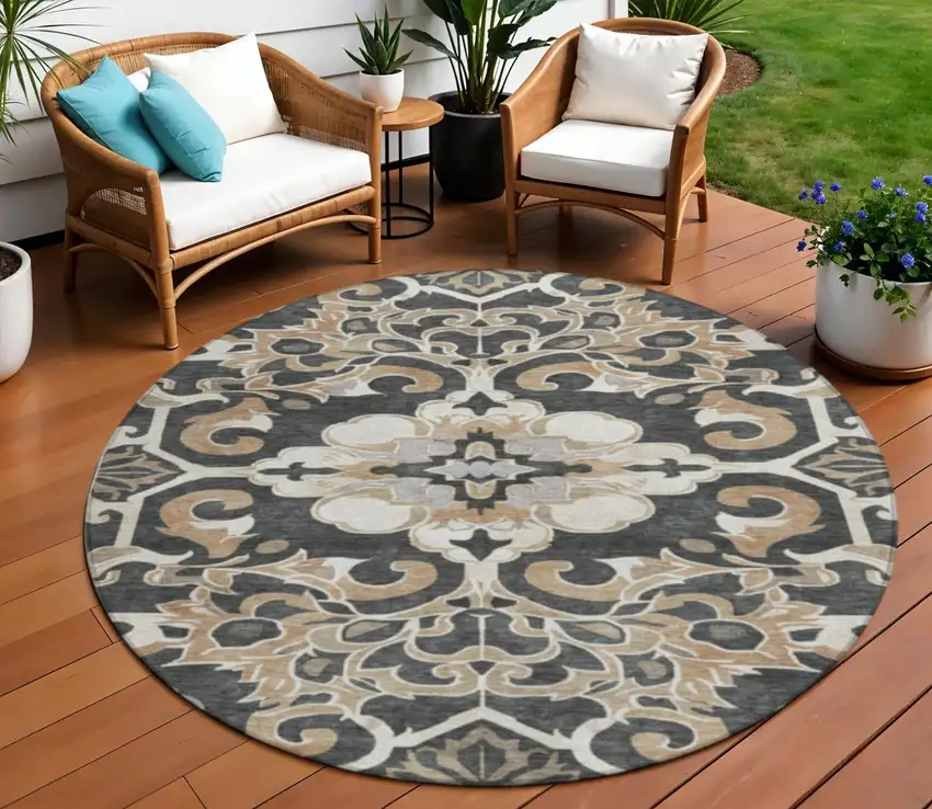 8' Charcoal And Taupe Round Damask Washable Indoor Outdoor Area Rug Photo 2