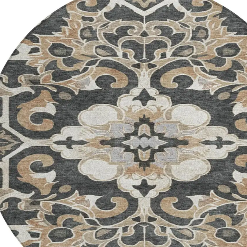 8' Charcoal And Taupe Round Damask Washable Indoor Outdoor Area Rug Photo 4