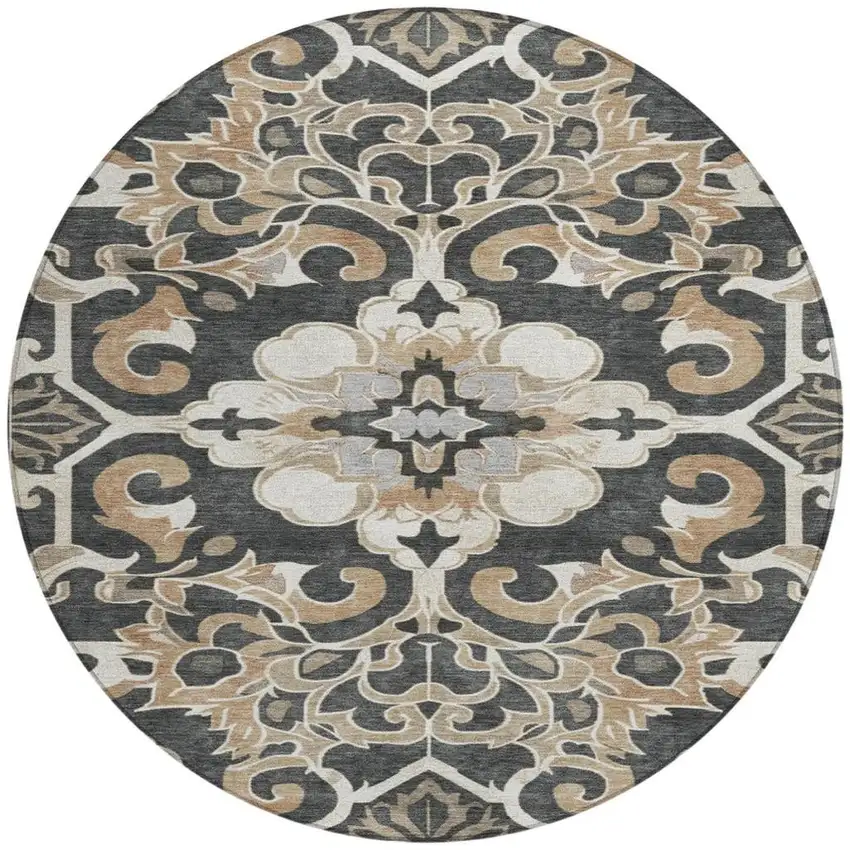 8' Charcoal And Taupe Round Damask Washable Indoor Outdoor Area Rug Photo 3