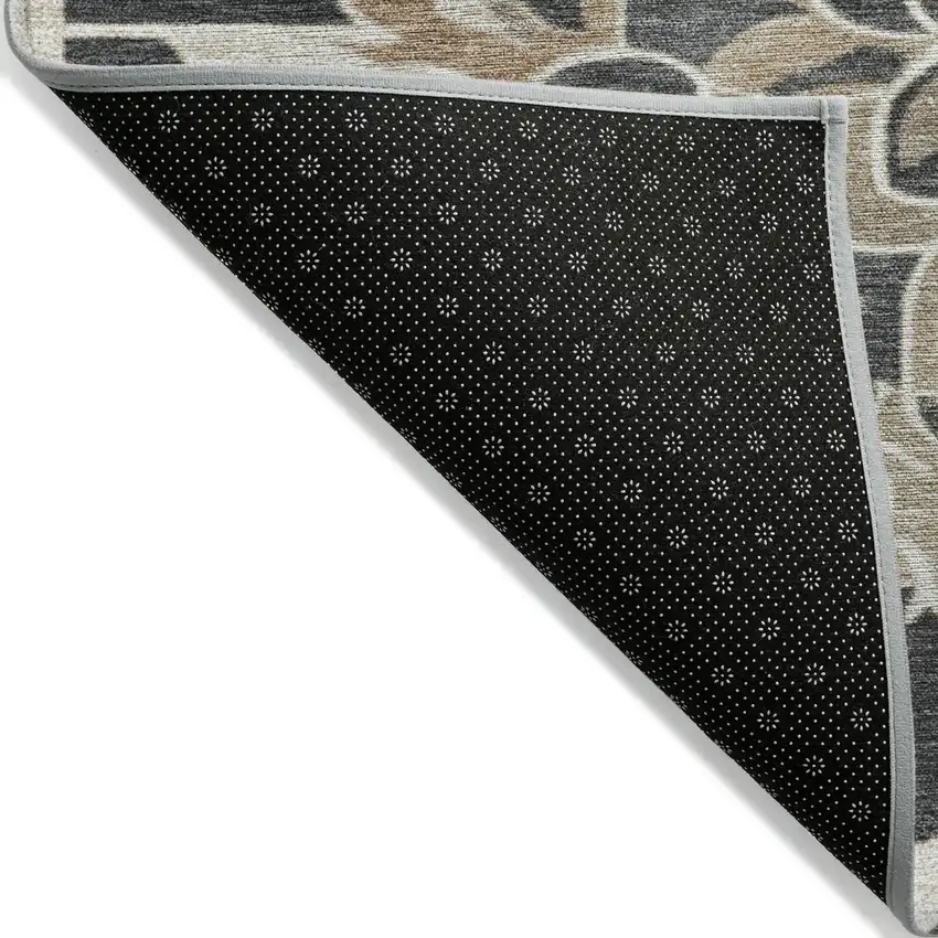 8' Charcoal And Taupe Round Damask Washable Indoor Outdoor Area Rug Photo 9