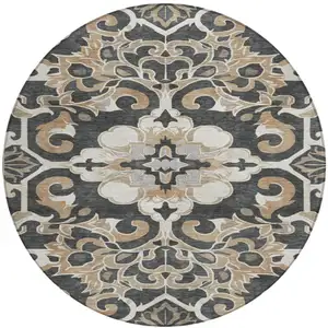 Photo of 8' Charcoal And Taupe Round Damask Washable Indoor Outdoor Area Rug