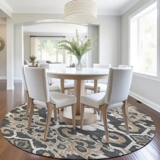 8' Charcoal And Taupe Round Damask Washable Indoor Outdoor Area Rug Photo 6