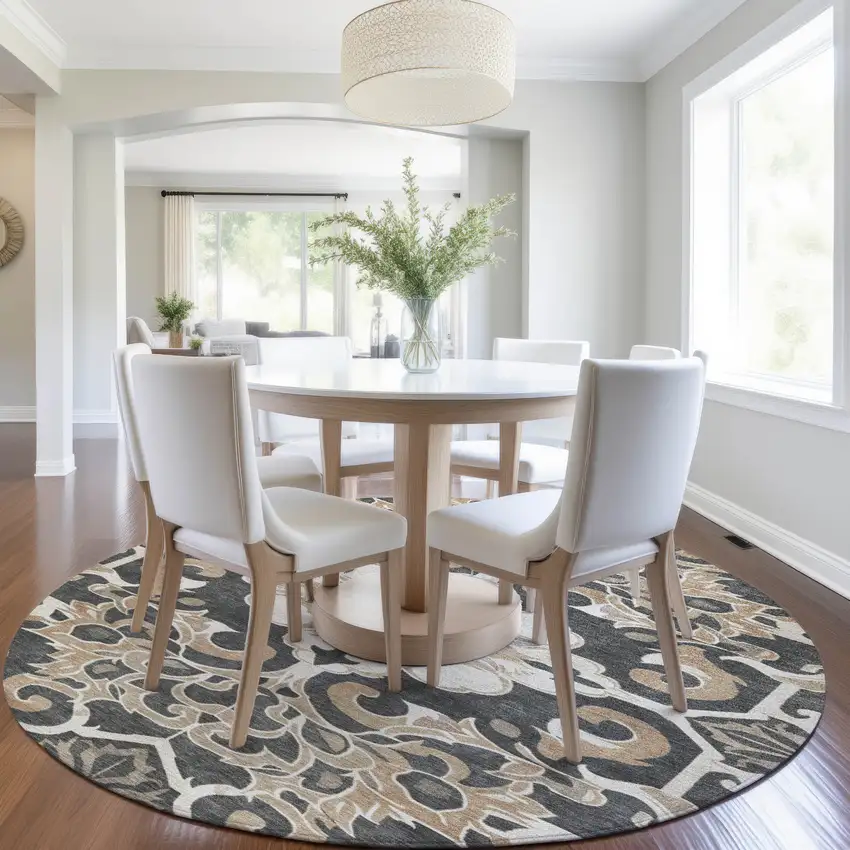 8' Charcoal And Taupe Round Damask Washable Indoor Outdoor Area Rug Photo 6