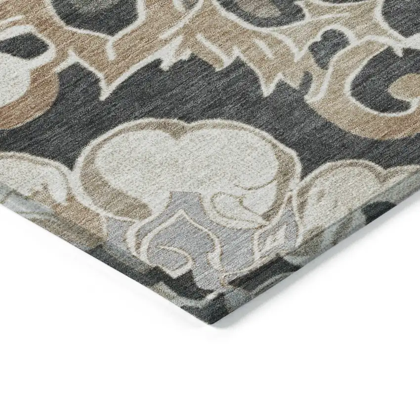 8' Charcoal And Taupe Round Damask Washable Indoor Outdoor Area Rug Photo 7