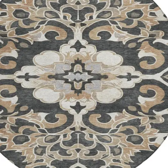 8' Charcoal And Taupe Round Damask Washable Indoor Outdoor Area Rug Photo 8