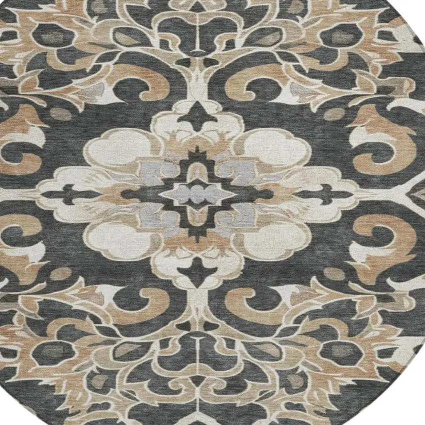 8' Charcoal And Taupe Round Damask Washable Indoor Outdoor Area Rug Photo 8